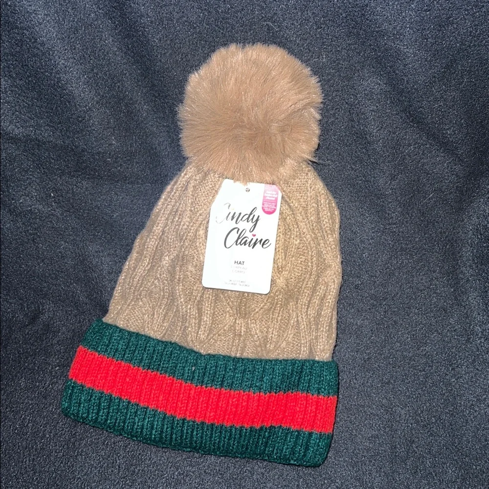 NWT Light Brown Knitted Faux Fur Lined red & green stripe beanie with Pom Pom